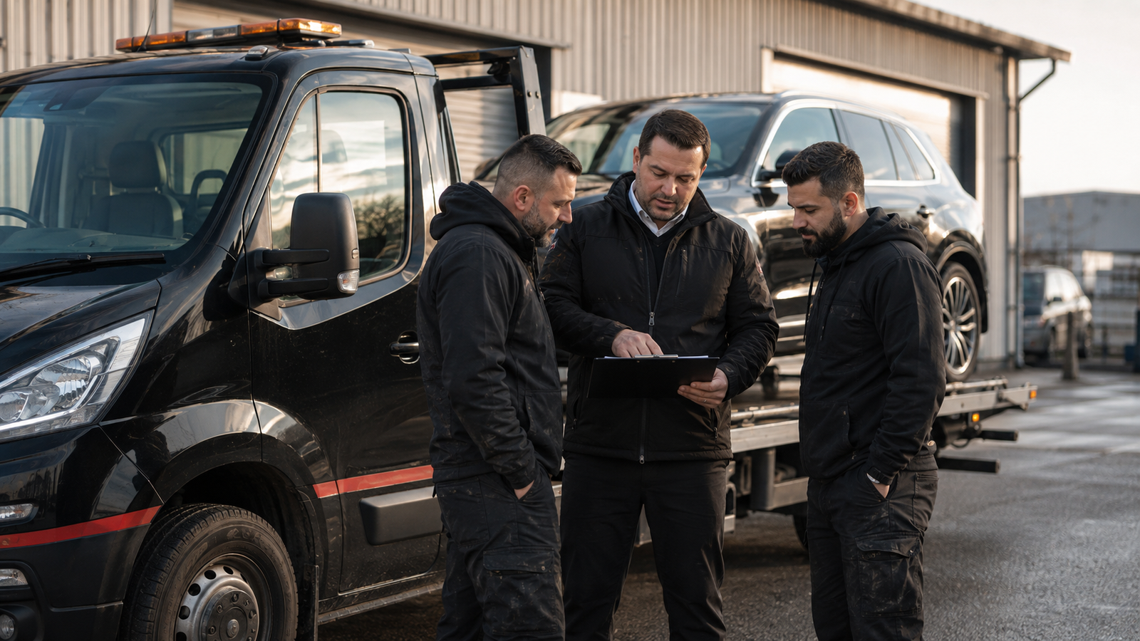 AutoHub Recovery team discussing a vehicle recovery plan