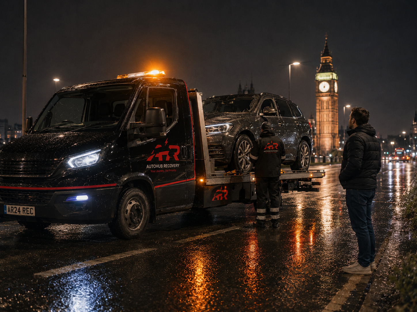Emergency roadside rescue service at night in London